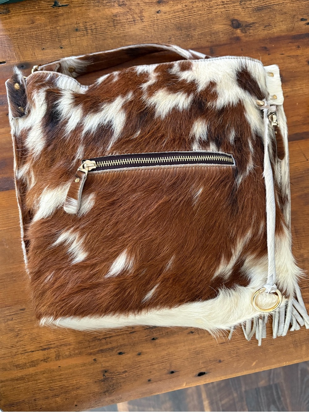 Charlie Leather Genuine Hair-on-Hide Cowhide Fringe Shoulder Bag Brown White - Picture 14 of 14